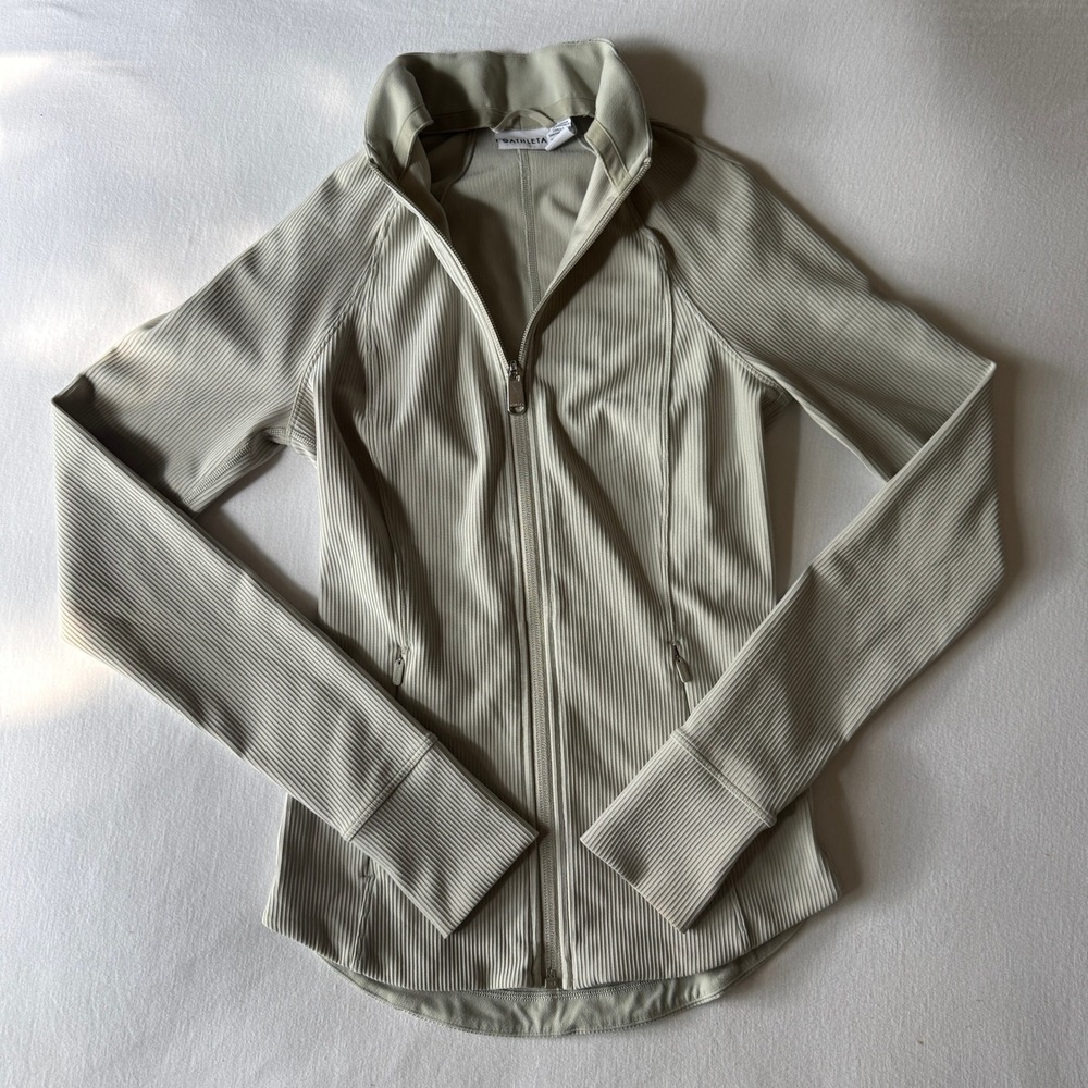 Athleta Salutation Full Zip Ribbed Jacket XXS Oyster Sage Green Yoga Athleisure
